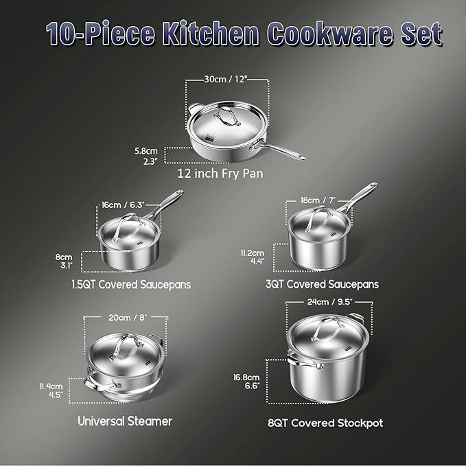 Cooks Standard Stainless Steel Kitchen Cookware Sets 10-Piece Multi-Ply Full Clad Pots and Pans Cooking Set with Fry Pan Dishwasher Safe Oven Safe 500°F
