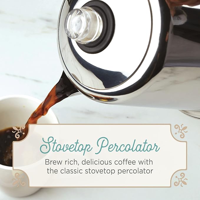 Farberware Classic Stainless Steel Coffee Percolator 12 Cup Silver with Glass Blue Knob 7.28D x 8.86W x 10.83H