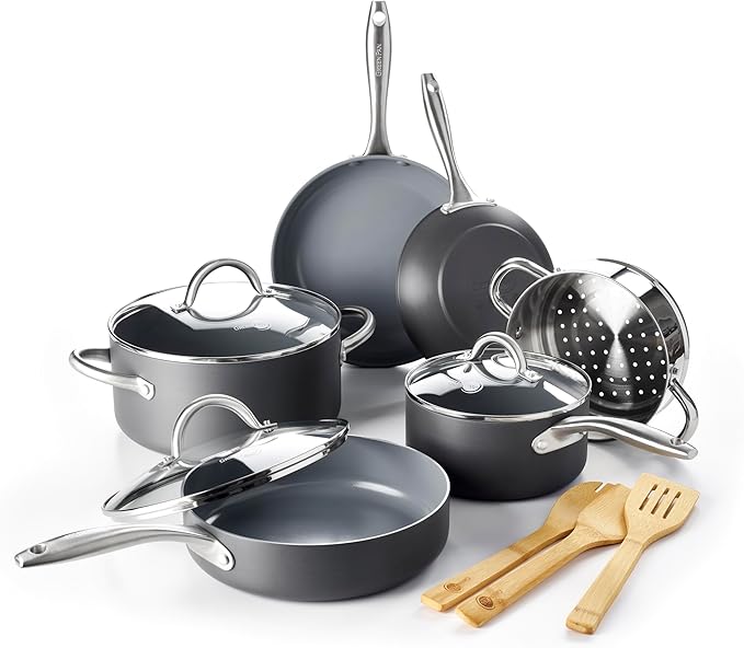 GreenPan Lima Hard Anodized Healthy Ceramic Nonstick 12 Piece Cookware Pots and Pans Set PFAS-Free Oven Safe Gray
