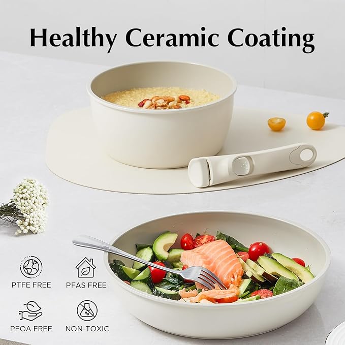 Redchef Ceramic Pots and Pans Set Non Stick Nonstick Kitchen Cookware Sets Non Toxic Pots and Pans Set Non Stick PFAS PFOA &amp PTFE Free Detachable Handle Pots and Pans 6 Piece RV Cookware (Cre