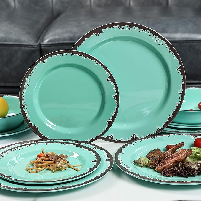 Rustic Melamine Dinnerware Set12-Piece Plates and Bowls SetsYinshine Unbreakable Melamine Dish SetLightweightService for 4Dishwasher SafeGreen