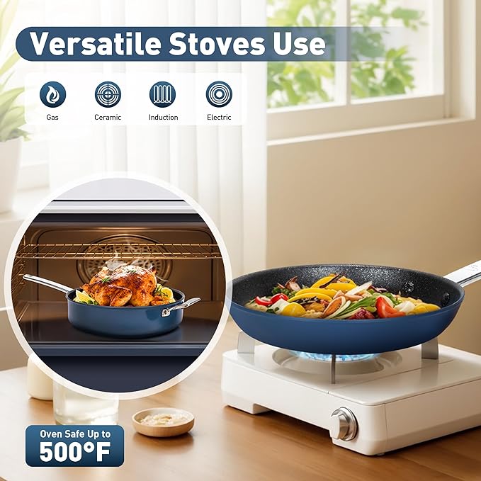 DishDelight Pots and Pans Set Nonstick Nonstick Frying Pan 10 Inch Fry Pan 12 Qt Ceramic Saute Pan with Glass Lid Induction Cookware Set Added Plasma Diamond Blue