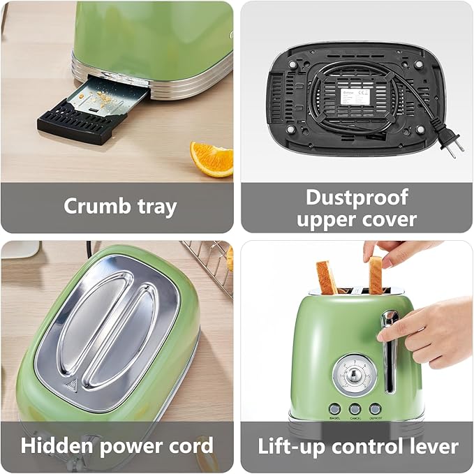 Green Cute Retro Toaster 2 Slice with 1.58 Wide Slots with Stainless Steel Lid with Warming Rack Preheat Defrost Countdown Timer Display