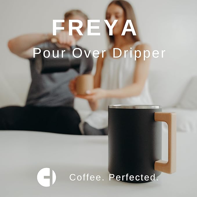 HASTINGS Pour Over Coffee Dripper - Stainless Steel Pour Over Coffee Filter Metal Paperless Reusable Double Mesh Cone Filter with Wood Handle - Coffee Maker for Single Cup Brew up to 68 OZ (Black)