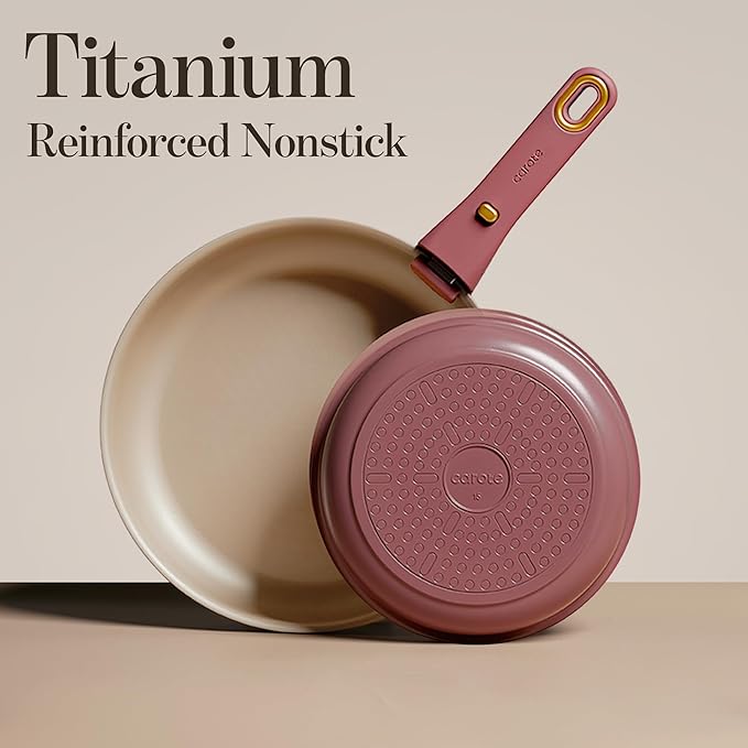 CAROTE 18Pcs Titanium Reinforced Nonstick Pots and Pans Set Nonstick Cookware Set with Detachable Handle Induction Kitchen Cookware Sets Removable Handles Dishwasher Safe Oven Safe Red