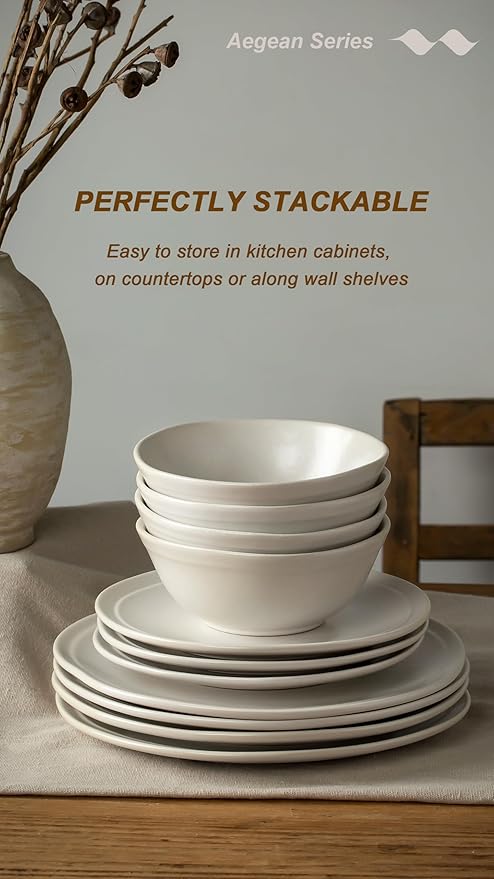 Famiware Aegean Dinnerware Set for 4 Plates and Bowls Sets 12-Piece Stoneware Scratch Resistant Dinner Set Handmade Irregular Round Dishes Microwave and Dishwasher Safe Matte White