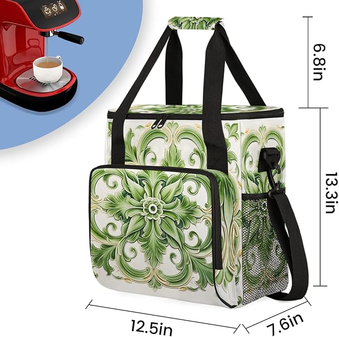 Green Floral Theme Coffee Maker Travel Bag for Keurig K-Mini/K-Mini Plus Insulated Waterproof Tote with Pockets for K-Cup Portable Single-Serve Brewer Case