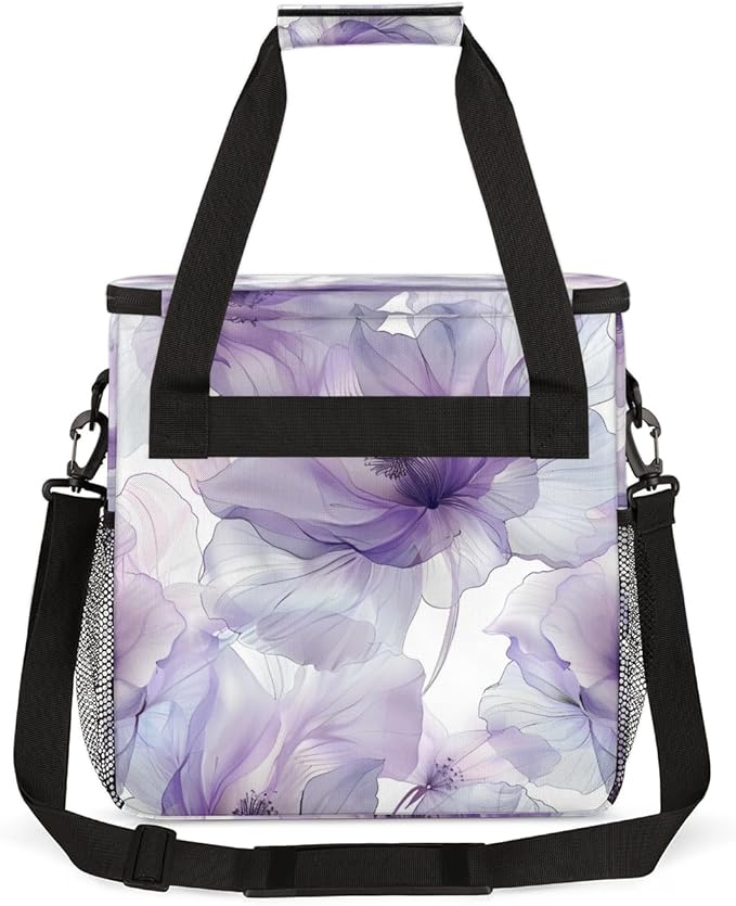 Purple Floral Travel Coffee Maker Carrying Bag Colorful Flower Large Organizer Storage Tote Bag Insulated Reusable Cooler Lunch Bags