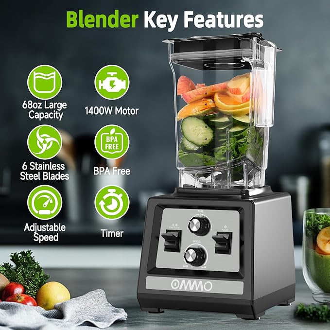 OMMO Blender for Smoothies: 1800W Peak Blenders for Kitchen 68oz BPA-Free Pitcher Timer &amp Speed Control 6 Stainless Steel Blades Dishwasher Safe Blender for Ice Crush/Smoothies/Frozen Drinks/G