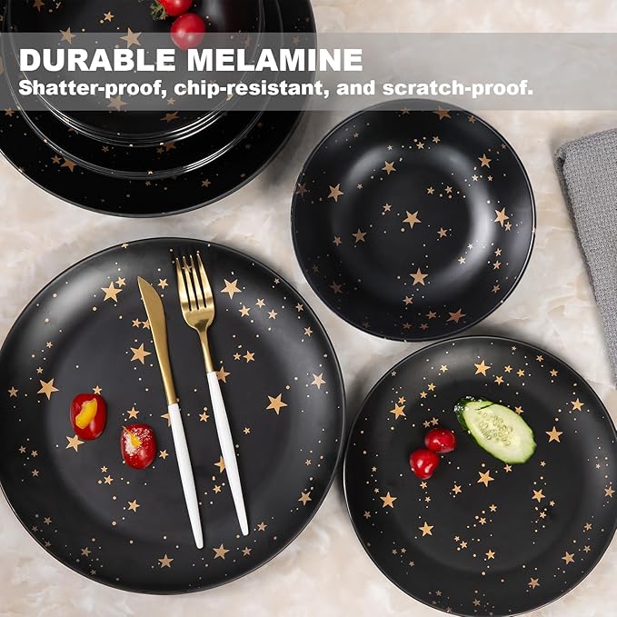 Black Melamine Dinnerware Sets - 12pcs Plates and Bowls Sets Unbreakable Camping Dishes Set for 4 Indoor and Outdoor Use Non-breakable Dinner Set - Star