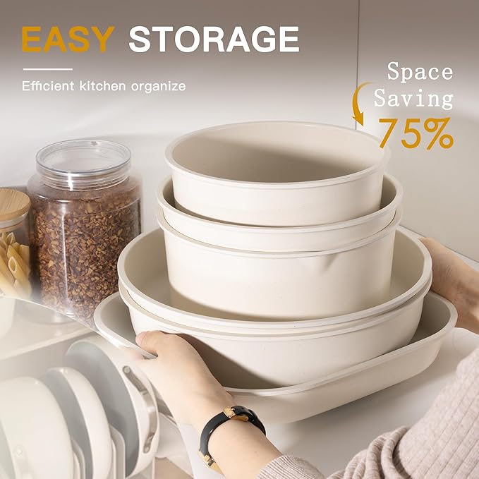 Astercook 23 Pcs Pots and Pans Non Stick Ceramic Cookware Set Detachable Handle RV Stackable Kitchen Cooking Set Removable Handles Oven Safe Induction Ready Cream White