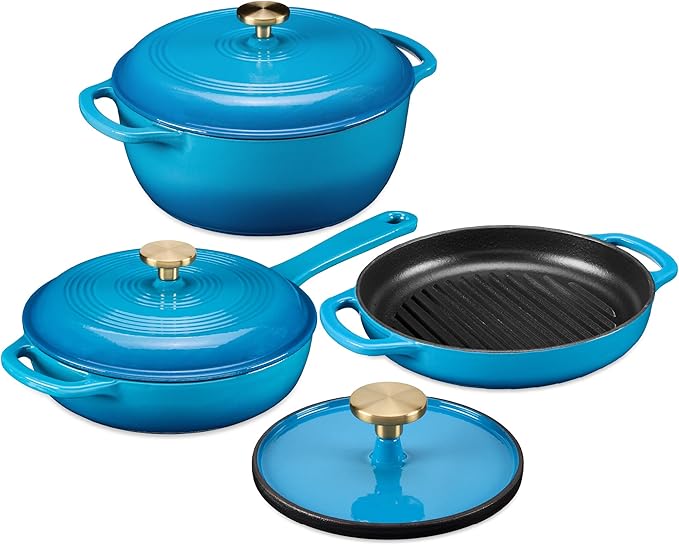 Best Choice Products Non-Stick Pot &amp Pan Cookware Set Cast Iron 2Qt Skillet W/Lid 10 Grill Or Griddle Pan W/Press 6Qt Enameled Dutch Oven Non-toxic For Cooking &amp Grilling - Blue