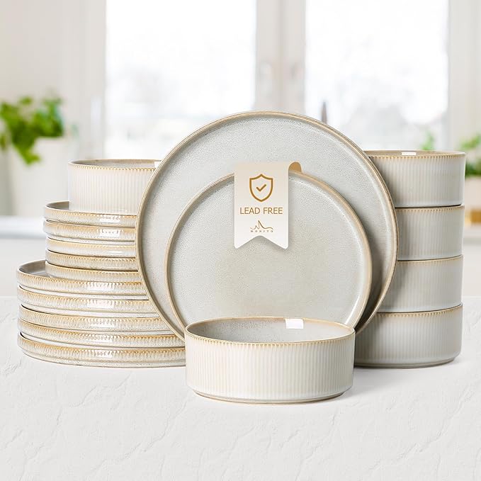 MONITO Ceramic Dinnerware Sets for 6 18PCS Stoneware Plates and Bowls Sets Reactive Glaze Dish Set Chip and Scratch Resistant Double Microwave and Dishwasher Safe Beige