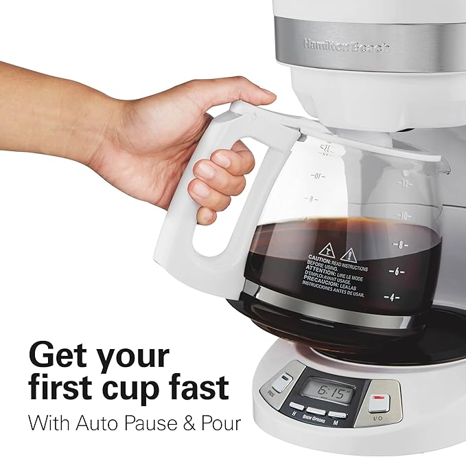 Hamilton Beach 12 Cup Programmable Drip Coffee Maker Machine Regular &amp Bold Brew Options Auto Pause and Pour Glass Carafe White (46294J)