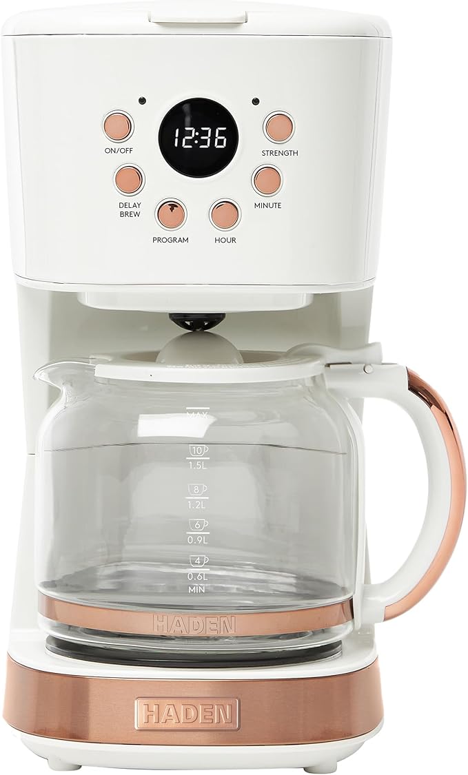 HADEN Coffee Machine 12 Cup Programmable Drip Coffee Maker with Auto Shut-Off Function and Reusable Washable Water Filter Ivory &amp Copper