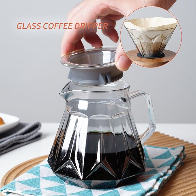Pour Over Coffee Maker Set 21 oz/620ml Glass Pour Over Coffee Dripper Filter Coffee Maker Kit Manual Grinder with Walnut Handle for Home Office Cafe Restaurant Camping (Grey)