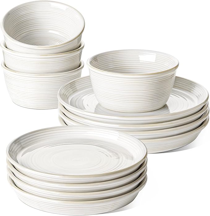 LE TAUCI Ceramic Plates and Bowls Set for 4 12-Piece Ceramic Dinnerware Set Farmhouse Dishes Set Microwave &amp Dishwasher Safe Stackable12-Piece Arctic White (10 Dinner+8 Salad Plates+6 Bow