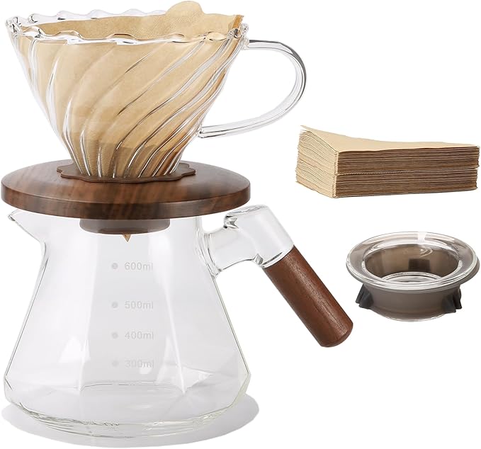 Pour Over Coffee Maker 20 oz Borosilicate Glass Set with 100 pcs Paper Filter Coffee Dripper with Walnut Collar Coffee Pot with Glass Lid 1-3 Cups Clear (600 ml)