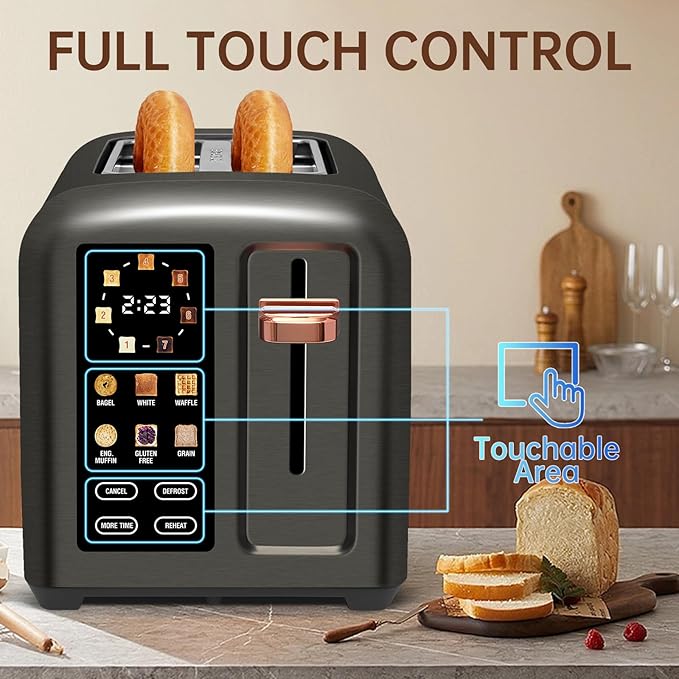 SEEDEEM Toaster 2 Slice Touch Control Stainless Toaster LCD Display 50% Faster Heating Speed 1.4'' Wide Slots More Timer Functions Removable Crumb Tray 1350W Dark Metallic