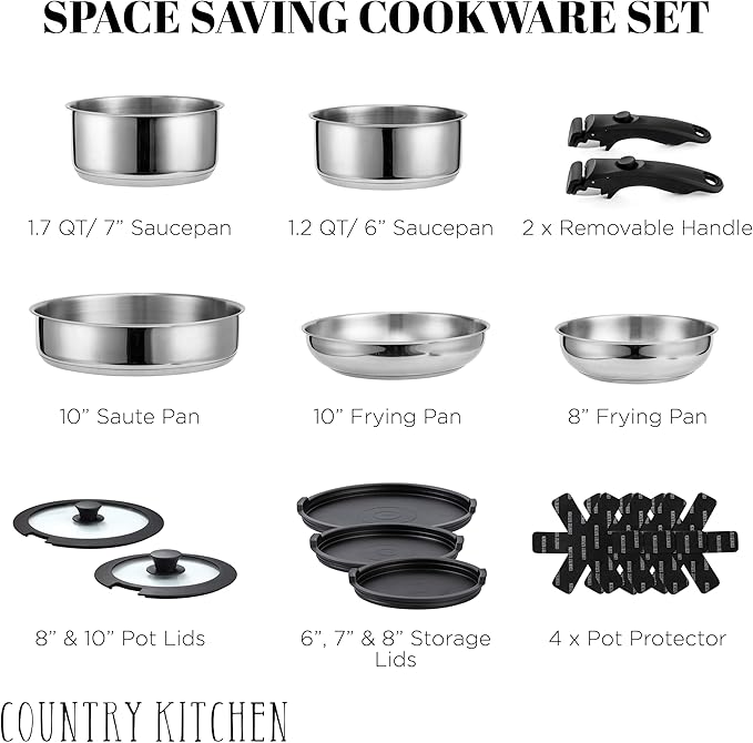 Country Kitchen Cookware Set with Removable Handle Oven &amp RV Safe Pots and Pans Set Stainless Steel Original