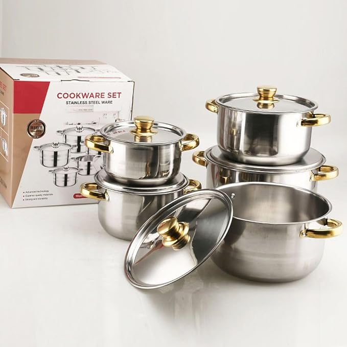 Stainless Steel Cookware Set – Kitchen Cooking Gadget Kit with Non Stick Versatile Potware for Pasta Soup Stewing | Household Camping Dorm Apartment Everyday Food Making