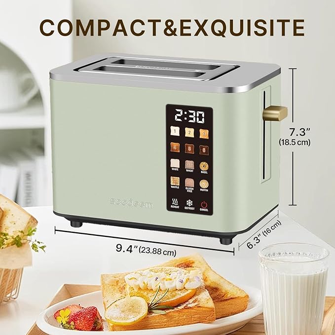 2-Slice Toaster with Touch Control 6 Shade Settings &amp 6 Bread Type 900W Removable Crumb Tray Countdown Display Smart Stainless Steel Design Green