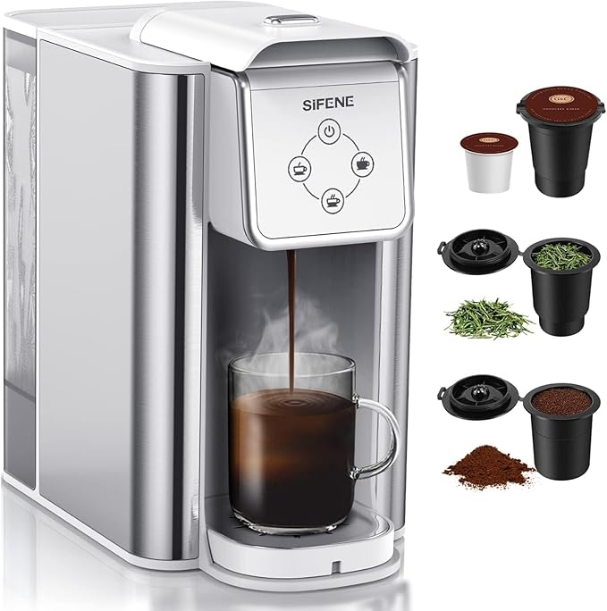 Single Serve Coffee Maker 3-in-1 Pod Ground Coffee &amp Loose Leaf Tea Brewer Fast Brew White Coffee Machine with 1.5L Water Tank Compact One Cup Coffee Maker for Home Office Travel