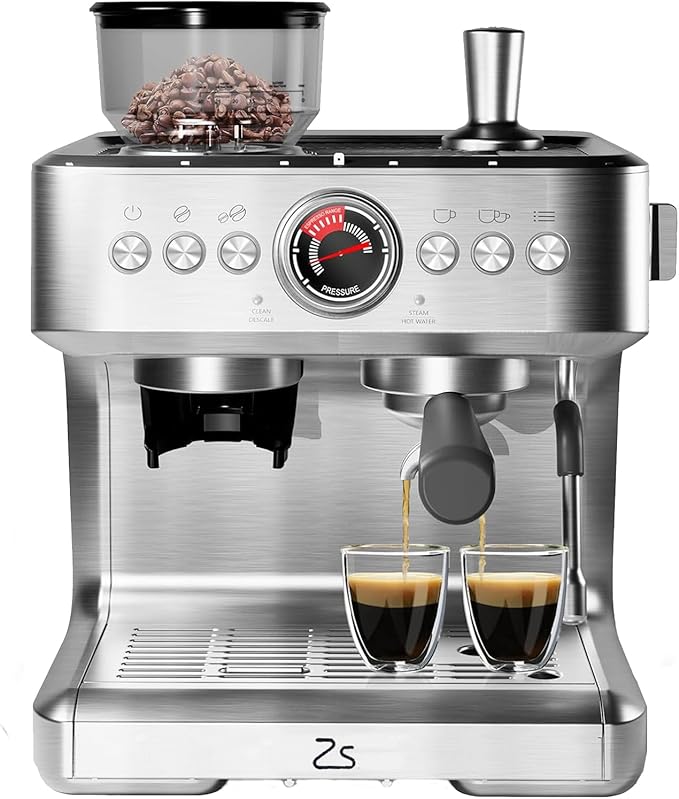 GlowSol Espresso Machine with Bean Grinder Semi Automatic Espresso Machine 20-Bar Espresso Maker with Milk Frother Steam Wand 2.8L Water Tank Home Espresso Coffee Maker for Latte Cappuccino