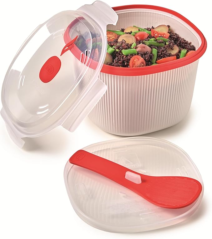 Snips - Microwave Rice Cooker - For Rice Grains and Vegetables - Microwave rice steamer 2.70 litres - 20.5 x 20.5 x 14.5 cm - Rice Cooker Microwave White and red - 100% Made in Italy