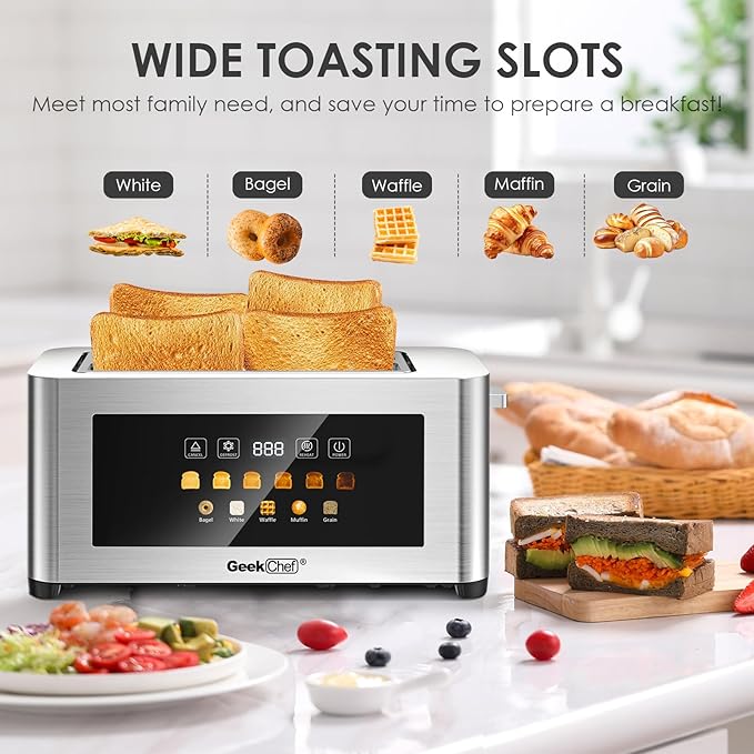 Geek Chef Long Slot Toaster 4 Slice 1.5 Touch Screen Extra Wide Slots for Bagels &amp Waffles 6 Browning Levels Timer Reheat Defrost Cancel Function and Digital Scale with App