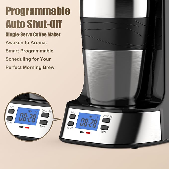RAINBEAN Single Serve Coffee Maker Programable Single-Serve Brewers Timer Auto Start/Off 14 Oz Single Cup Coffee Machine For Ground Coffee 700W Quick Brewing Perfect Gifts for Coffee Lovers