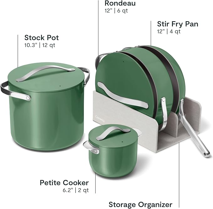 Caraway Cookware+ Collection - Specialty Cookware Set - Petite Cooker Stir Fry Pan Rondeau &amp Stock Pot - 3 Lids &amp Storage Organizer Included - Sage