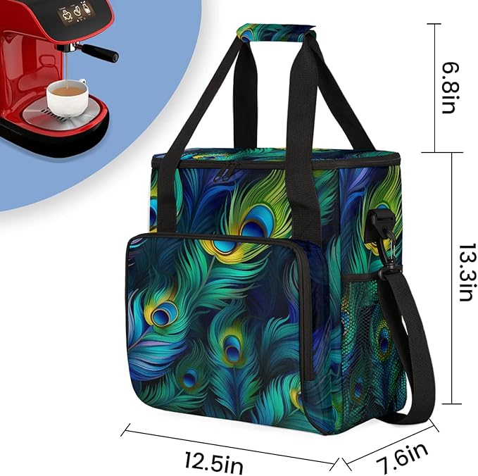 Peacock Feather Travel Coffee Maker Carrying Bag Large Organizer Storage Tote Bag Insulated Reusable Cooler Grocery Bags