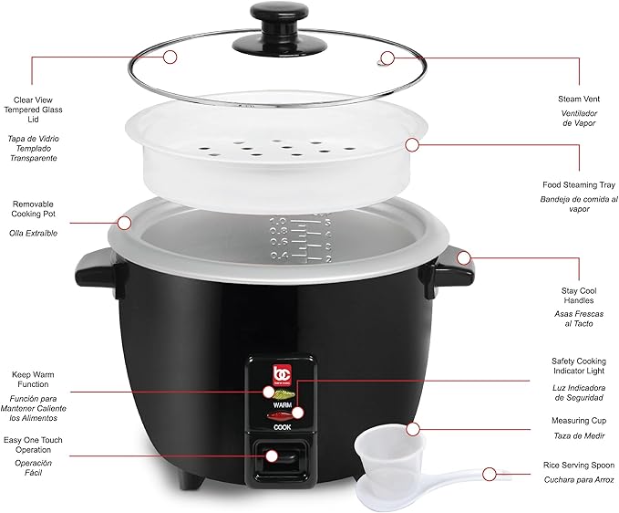 Bene Casa Rice Cooker Black Cook 2-12 Cups of Cooked Rice And Food Steamer