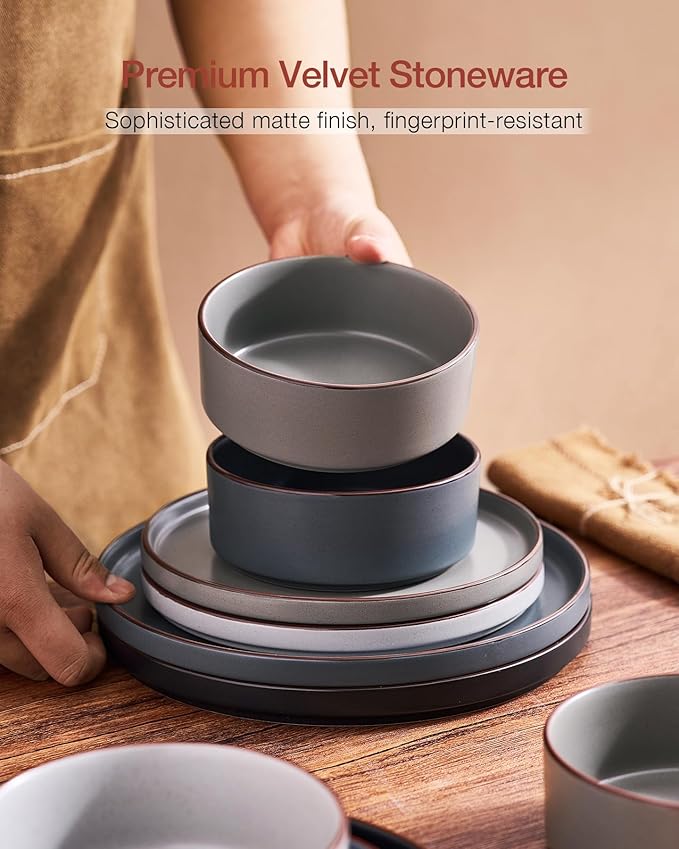 Famiware Nebula Ridge Stoneware Dinnerware Sets for 8 24 Pieces Plates and Bowls Sets Dishes Set Microwave and Dishwasher Safe Kitchen Plates Multi-color