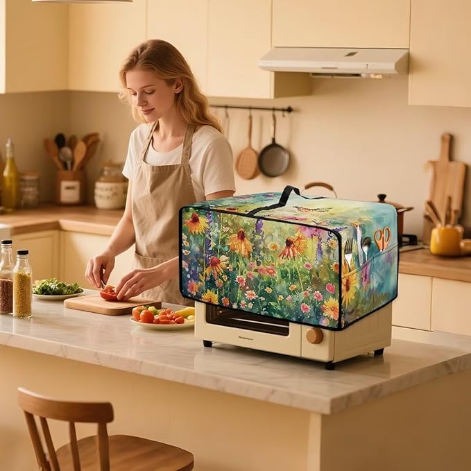 Doojoayie Small Appliance Cover 4 Slice Toaster Dust Protection Cover 18.5x14.5x 9 Bread Machine Protector Flower &amp Butterfly Print Gift for Mother Wife Women Cook