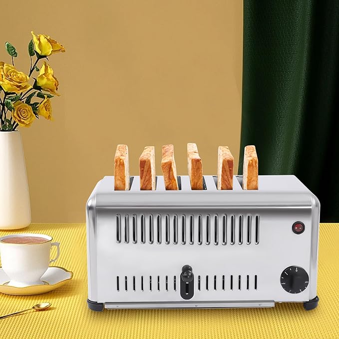 1680W 6 Slice Toaster Commercial Cool Touch Toaster Stainless Steel Electric Bread Baking Machine with Timing Function &amp Drawer-type Crumb Tray for Home Restaurant Bakery Silver
