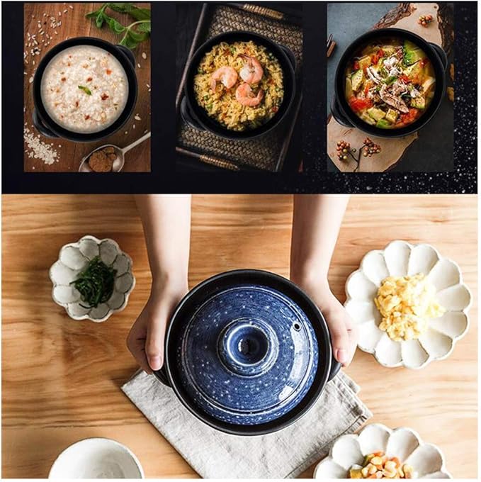 Earthenware Clay Rice PotJapanese Stone Rice CookerStove Stew PotHot PotCeramic Casserole with LidHeat Resistant Stock Pot for Steam Simmering F 2l (E 1L)