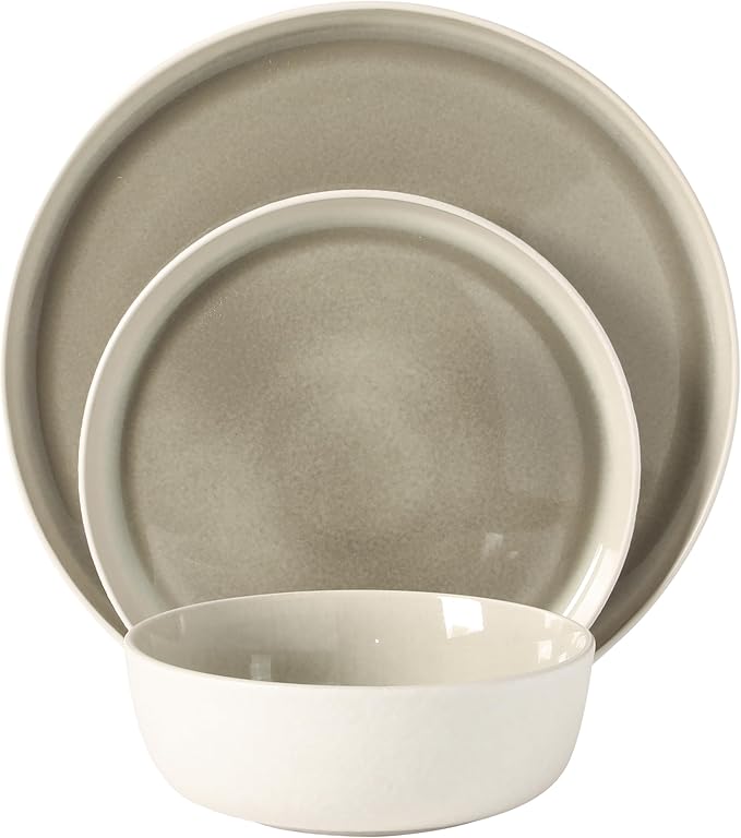 Gibson Elite Tahoe Sunset 12-Piece Reactive Stoneware Dinnerware Set – Matte Exterior &amp Shiny Interior Plates and Bowls Durable Everyday Dish Set Microwave &amp Dishwasher Safe - Grey