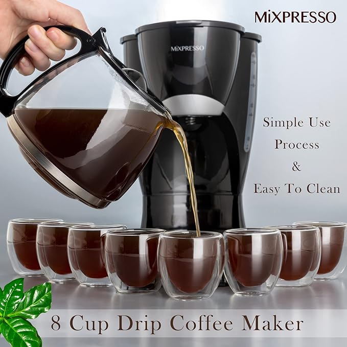 Mixpresso 8-Cup Drip Coffee Maker Programmable Coffee Pot Machine Including Reusable &amp Removable Coffee Filter Black Electric Coffee Maker