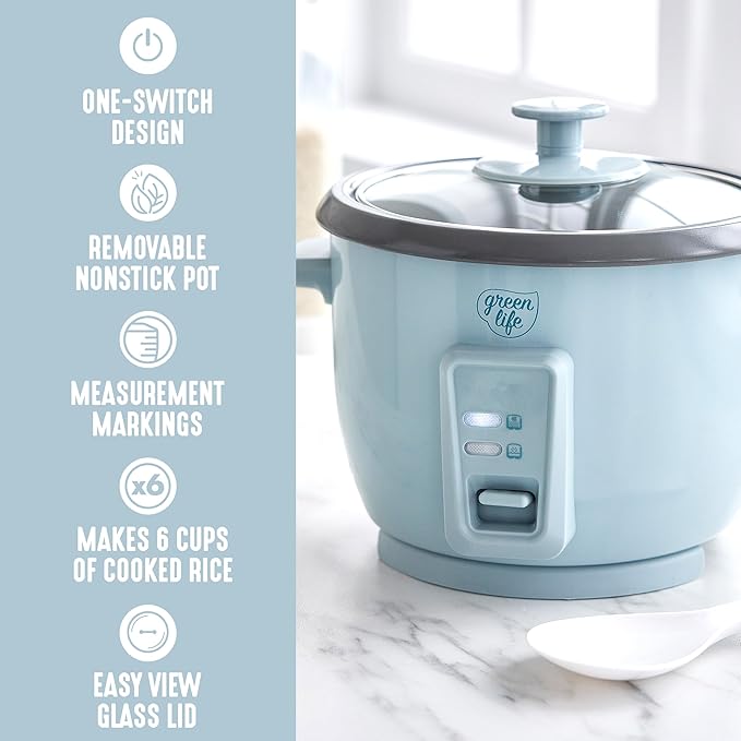 GreenLife Rice Cooker with Removable PFAS-Free Ceramic Nonstick Pot 3-Cups Uncooked/6-Cups Cooked Grains &amp Oatmeal Multicooker Compact One-Switch Design Auto Keep Warm Easy Clean Blue Haze