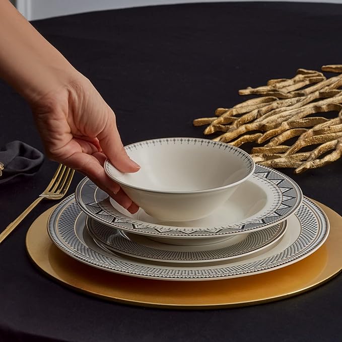 Karaca Globe 24-Piece Dinnerware Set for 6 People - Kitchen Dish Set for Salad Soup Pasta Noodle &amp More - Modern Chic Porcelain Dishware Plate Set (White with Black Triangle Design)