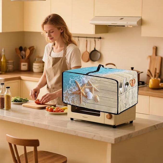 Air Fryer Toaster Smart Oven Dust Cover Starfish Shell Wood Print Toaster Oven Cover with Side Pockets for Kitchen Counter Machine Washable M
