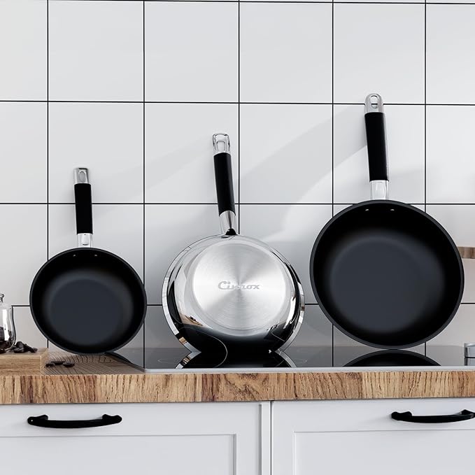 Non Stick Frying Pans Stainless Steel Kitchen Nonstick Cookware Set of 3 10” 11.5” 5” Pan Compatible with All Stoves