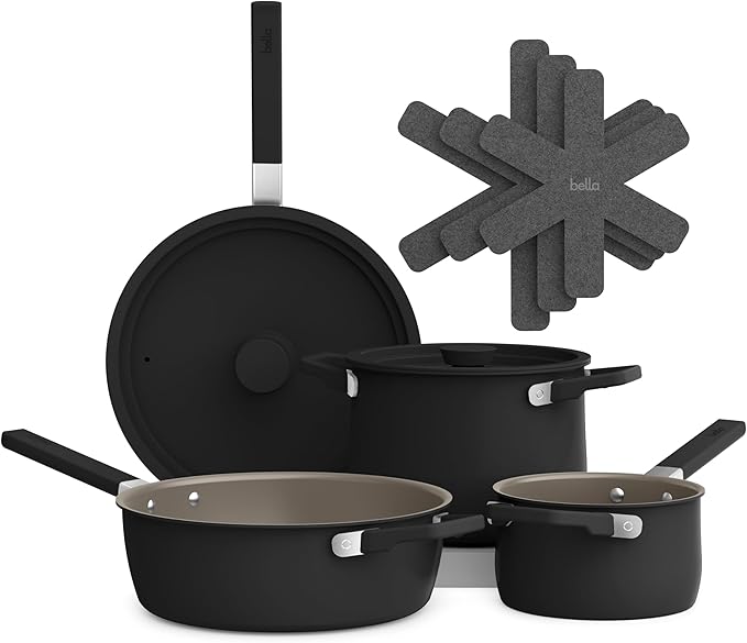 bella 9 Piece Ceramic Nonstick Cookware Set Fits-anywhere™ Kitchenware w EverGood™ Coating Dishwasher &amp Oven Safe All Stovetops Compatible Stackable Design Cool Touch Handles Black