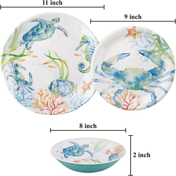 UPware 12 Piece Sea Life Serenade Melamine Dinnerware Sets Outdoor Dishes Set Plates and Bowls Sets Service for 4 Blue