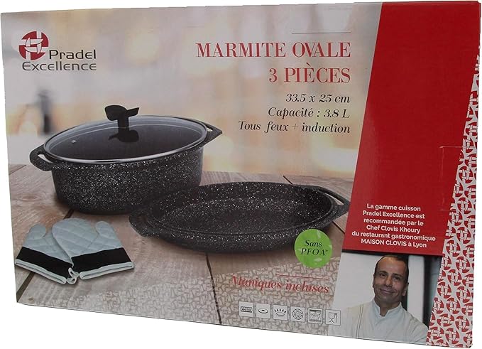 Pradel Excellence - PCUI001014 - Premium Cast Aluminium Casserole Ø36cm Glass Lid - Stone-Effect Non-Stick Coating - Removable Handle - All Heat Source Black and White