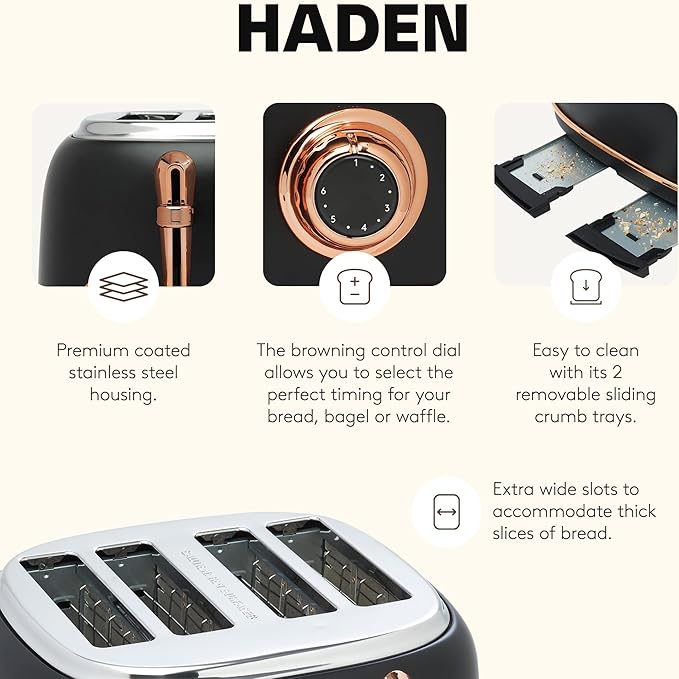 HADEN Heritage 4-Slice Toaster with Extra Wide Slots 1500-Watt Black &amp Copper - Retro Stainless Steel Design with Self-Centering Function Adjustable Browning Control &amp Removable Crumb Tray