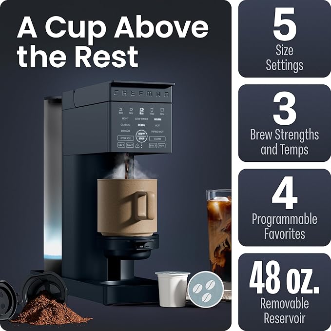 Chefman Caffeinator Single Serve Coffee Maker Brew Kcups &amp Grounds Drip Coffee Machine with Brew Strength Settings Iced Coffee Function 48 oz. Removable Water Reservoir