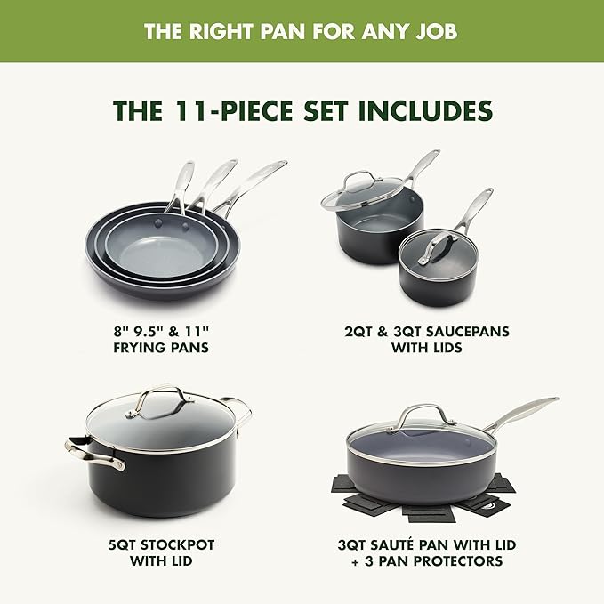 GreenPan Valencia Pro Ceramic Nonstick 11 Piece Cookware Set Hard Anodized PFAS-Free Pots &amp Pans Induction Ready Compatible on All Cooktops Dishwasher Safe Oven Safe to 600F Gray
